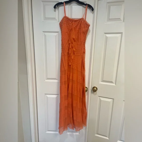 - BCBGMAXAZRIA's‎ Orange Color Ruffles sleeves Maxi formal Night Prom dress…